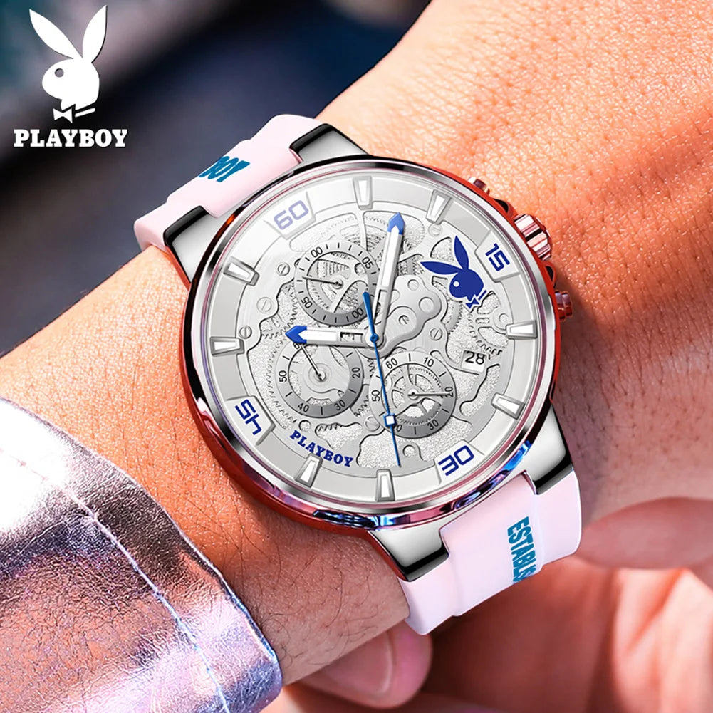 PLAYBOY Luxury Men Watch Silicone Strap Waterproof Fashion Quartz Men's Watches Top Brand High Quality Business watches for men