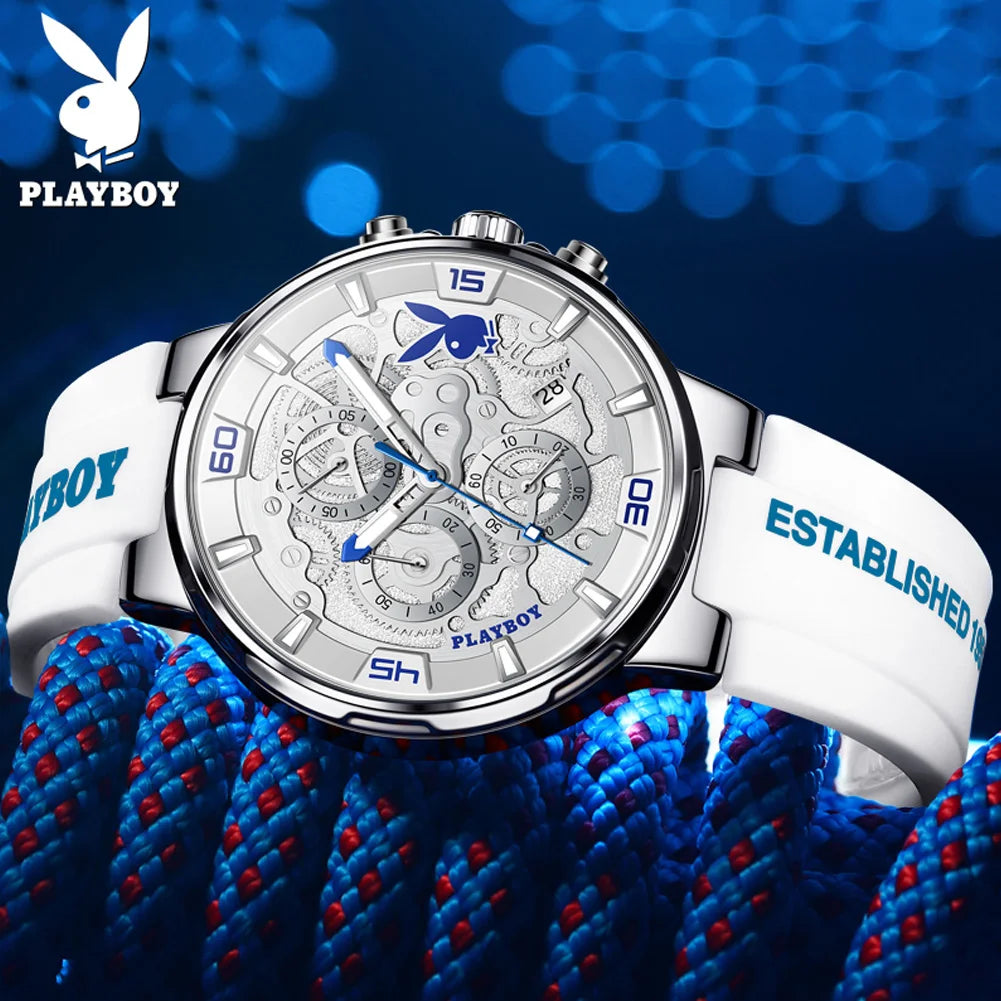 PLAYBOY Luxury Men Watch Silicone Strap Waterproof Fashion Quartz Men's Watches Top Brand High Quality Business watches for men